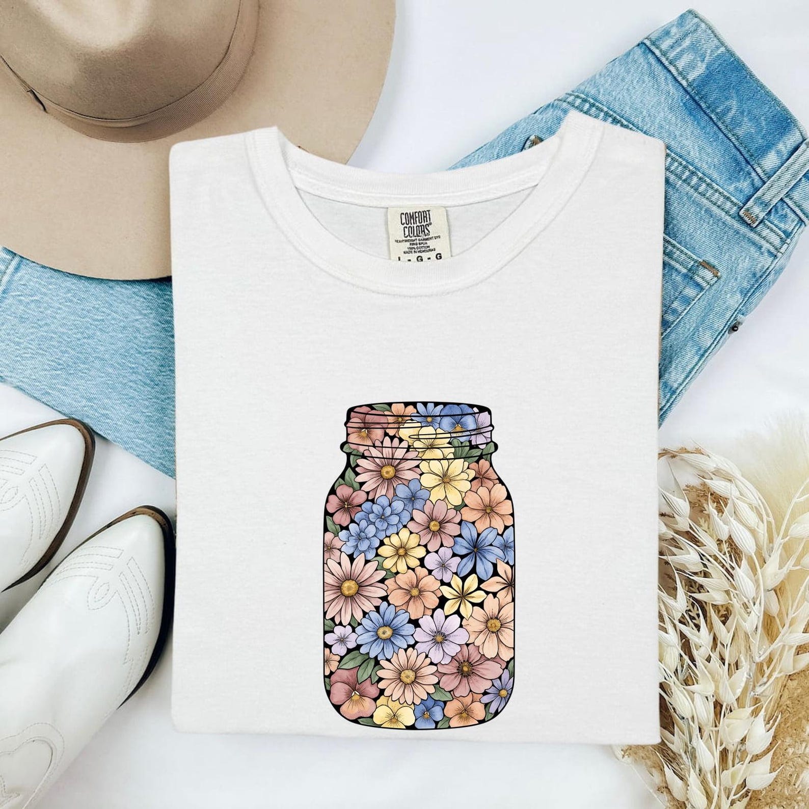 Flower Jar Shirt Easter Arrangement Gift Women Hand Painted Tee Mason Jar T-Shirt Spring Fan Painted Tshirt Bouquet Graphic Rustic Daisy 3XL