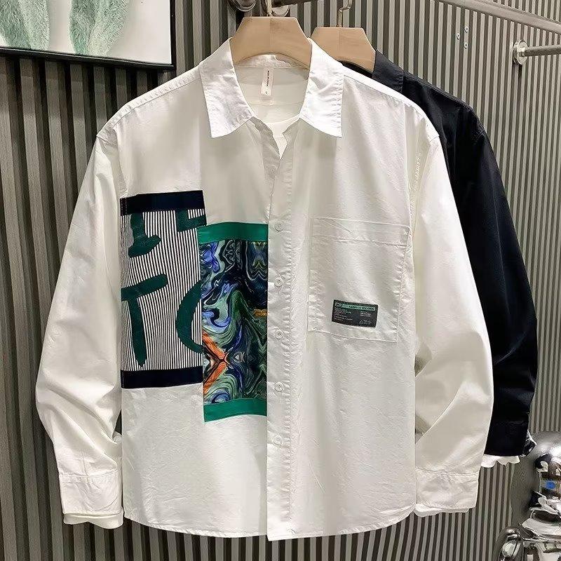 

Красивая рубашка для мужчин Осень Корейский стиль Модный бренд С принтом Повседневная Осенняя мужская куртка С длинным рукавом Топ M белый
