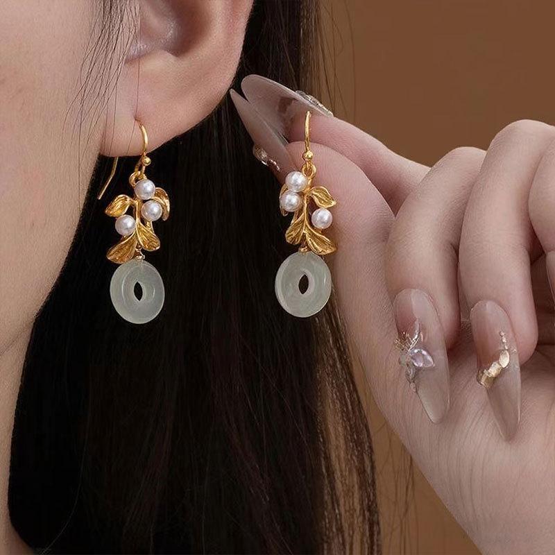 Light Luxury High-End Imitation Hetian Jade Earrings, Ancient Gold Safety Buckle, Chinese Style Earrings, Retro Temperament Hanfu Earrings.