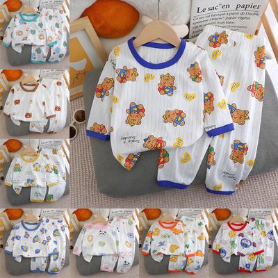Kinder Sommer Baumwoll-Pyjama-Set Jungen Mädchen Leichtes Langarm-Oberteil & Hose Atmungsaktive Loungewear Nachtwäsche