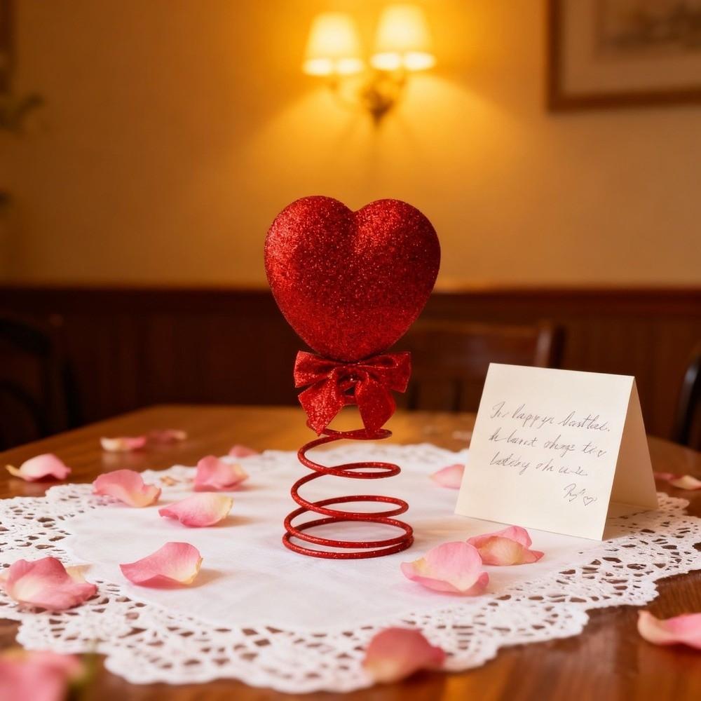Romantic Valentine's Day Decoration Glitter/Velvet Red Heart Heart Treetop Ornament Spiral Base Flexible Heart Tree Topper