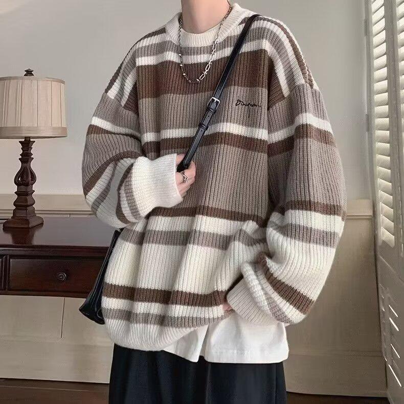 Men's Retro Japanese Striped Knitted Sweater Jacket - Autumn/Winter, Thick & Trendy