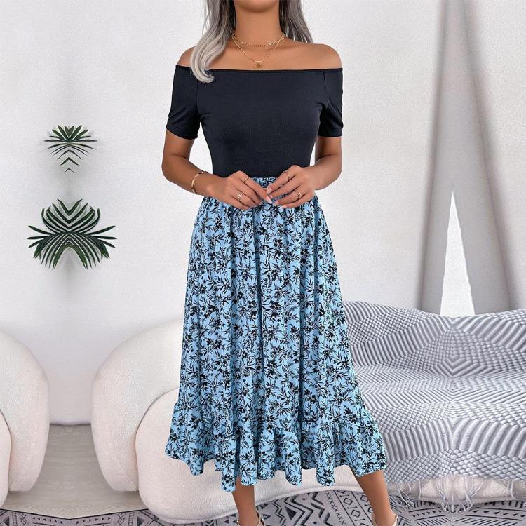 Summer Women Off Shoulder Floral Ruffled Medium Long Dress Spring
