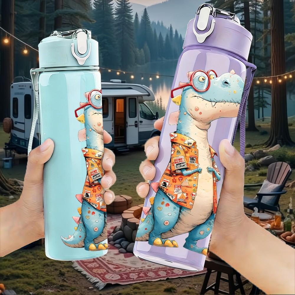 1PC Cute Dinosaur Baby Animal Print 750ml Color Plastic Sports Water Bottle Leakproof Flip Straw Lid Suitable for Sports Office Home Use