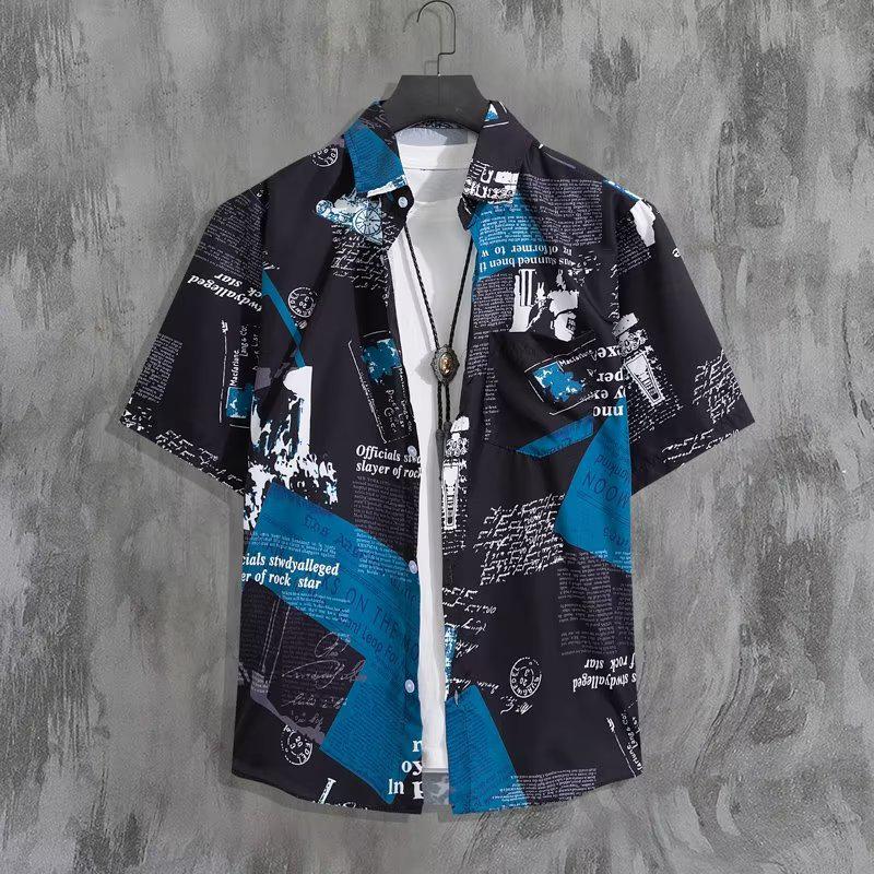 Men's Summer Japanese Trend Newspaper Print Shirt & Floral Beach Shorts Set