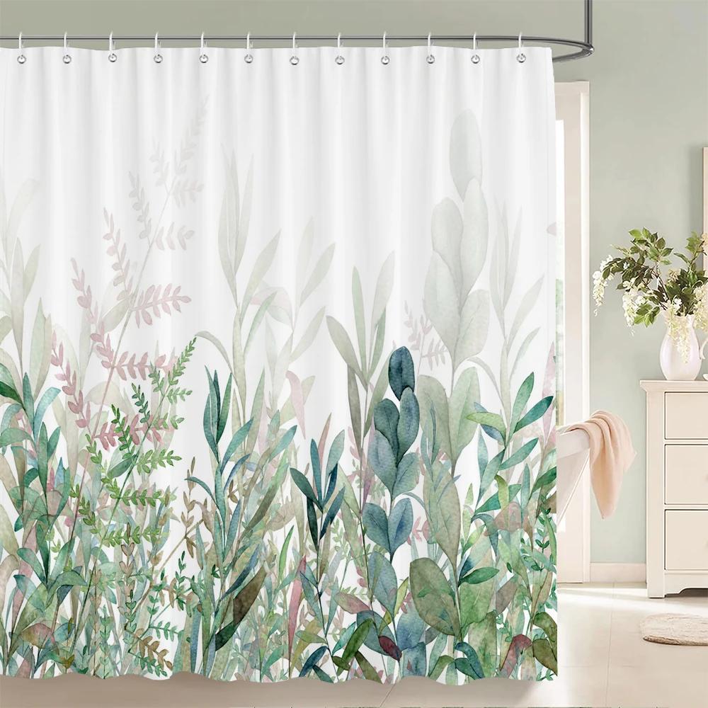 3D Fresh Green Plants Leaf Print Nordic Style Shower Curtain Set Hook Natural Flower Leaves Home Decoration Bathroom Curtains