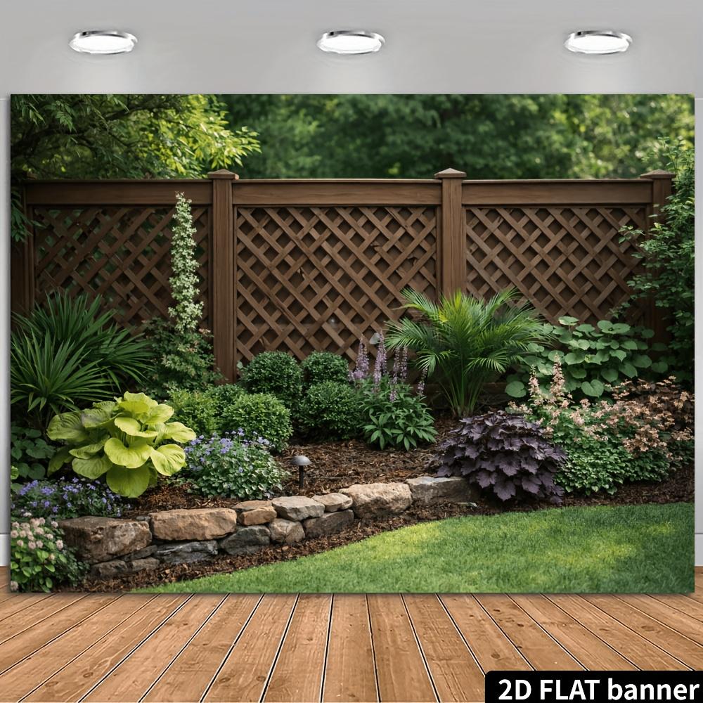 2D Flat Courtyard Landscape Banner Background Quiet Private Courtyard Theme  Grid Fence  Diverse Green Plants and Flowers