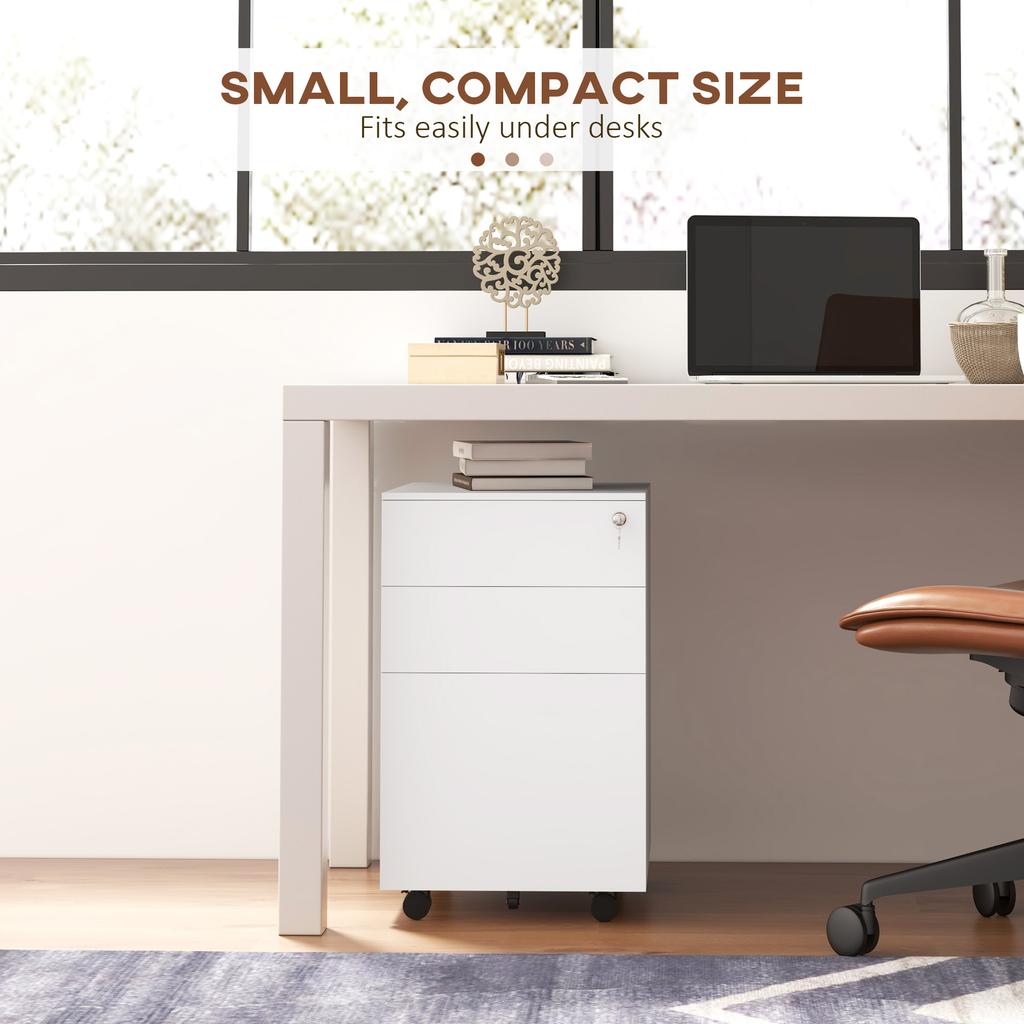 3-Drawer Vertical Filing Cabinet with Pencil Tray, Lock and 5 Wheels, Steel Mobile File Cabinet, for A4, Legal and Letter Size, Pre-Assembled Body