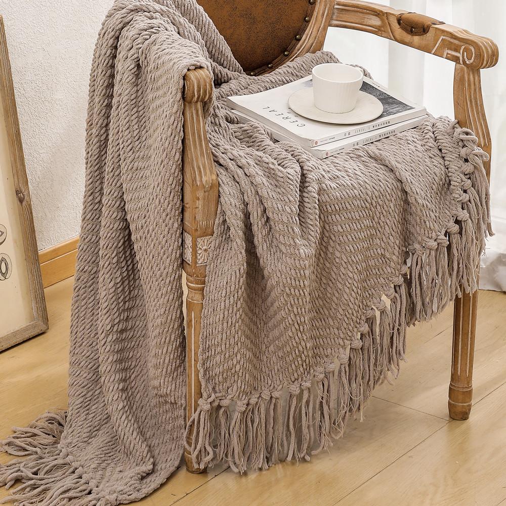 Karamellfärgad Geometrisk Pläd | Stickad Inomhus Utomhuspläd för Soffa Couch Stol Säng | Höstdekor