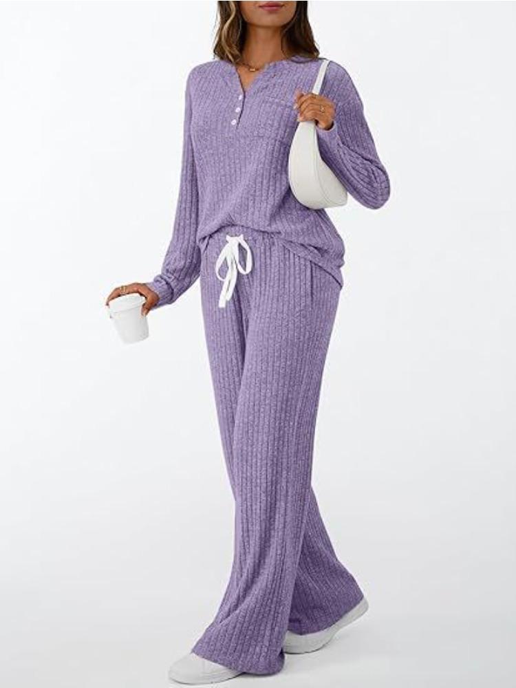 Women's Beige V-Neck Long Sleeve Knit Top and High Waist Wide Leg Pants Set