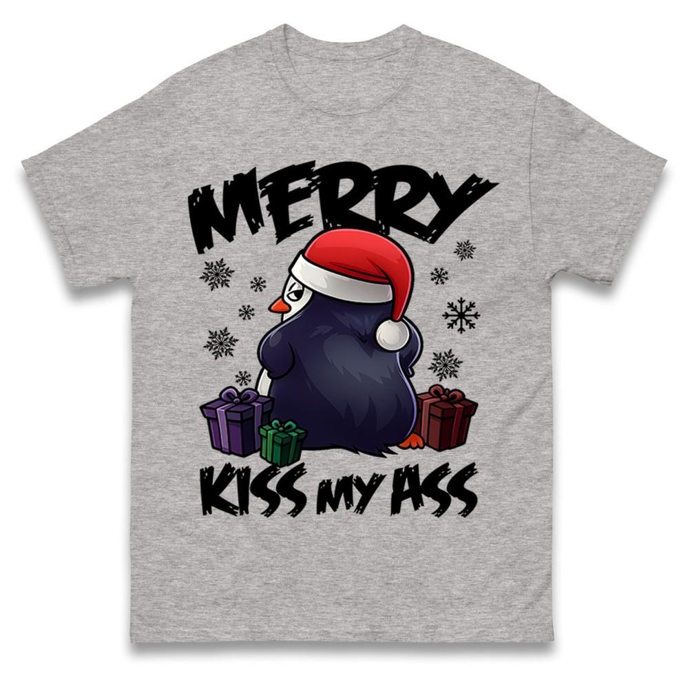 Merry Kiss My A Funny Penguin Christmas T Shirt Rude Xmas Adults Tee Shirt