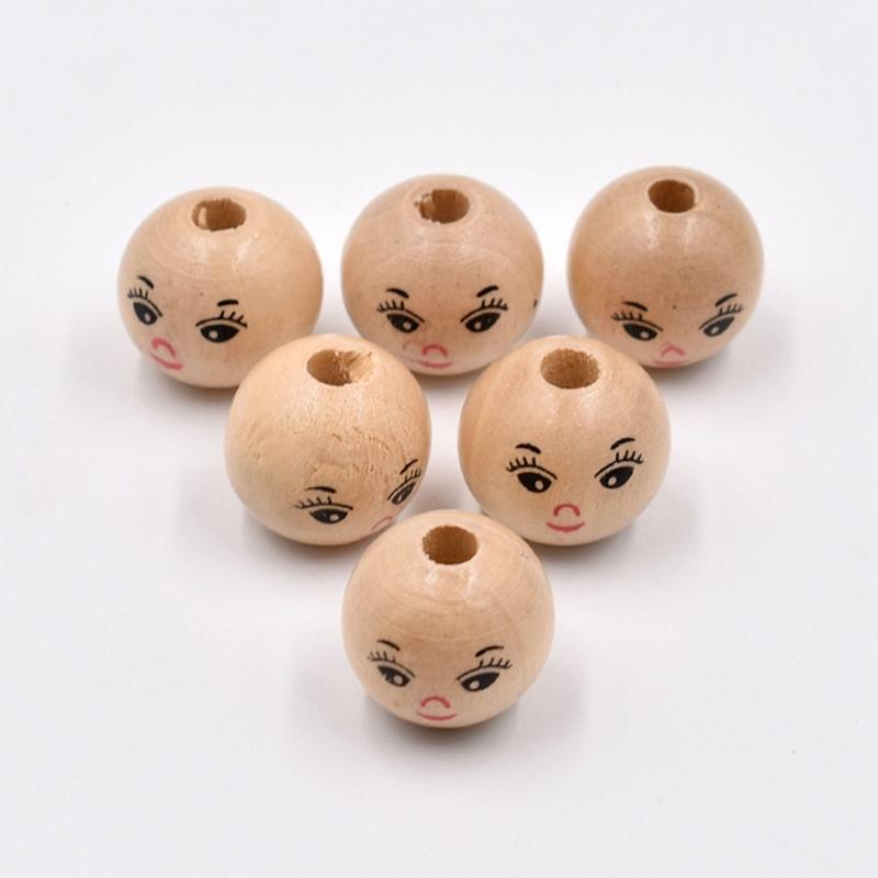 20Pcs/set Wooden Doll Head Beads for DIY Jewelry Making and Crafts Cute Smiling Face Loose Beads Wood Round Spacers