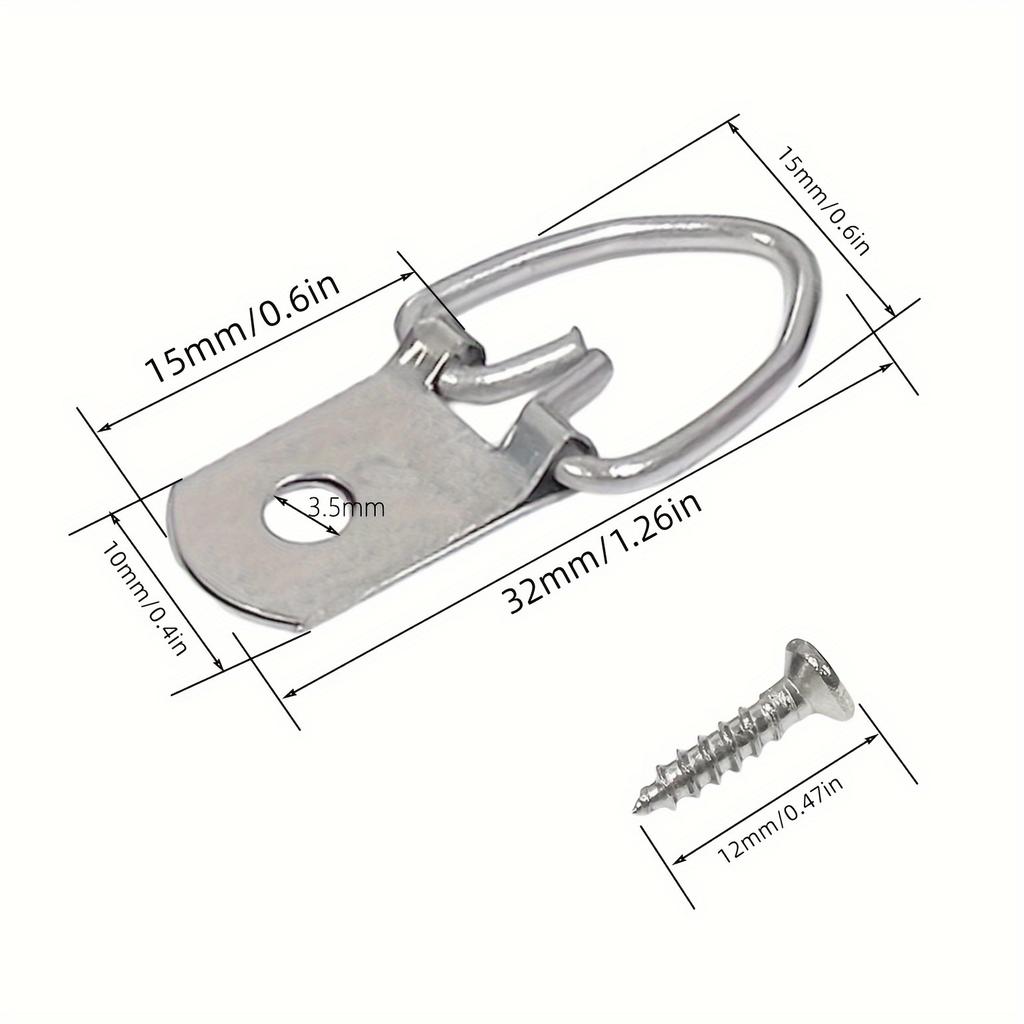 10pcs Metal D-Ring Picture Hangers with Screws - Durable Single Hole Hooks for Clocks, Paintings, Artwork, and Mirrors