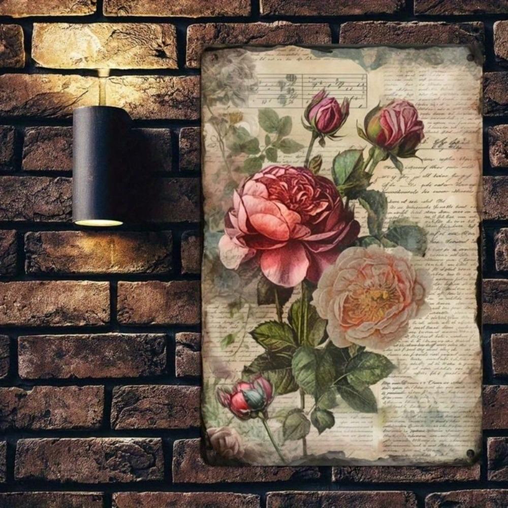 Vintage Pink Rose Metal Poster Green Leaf Wall Art Decor