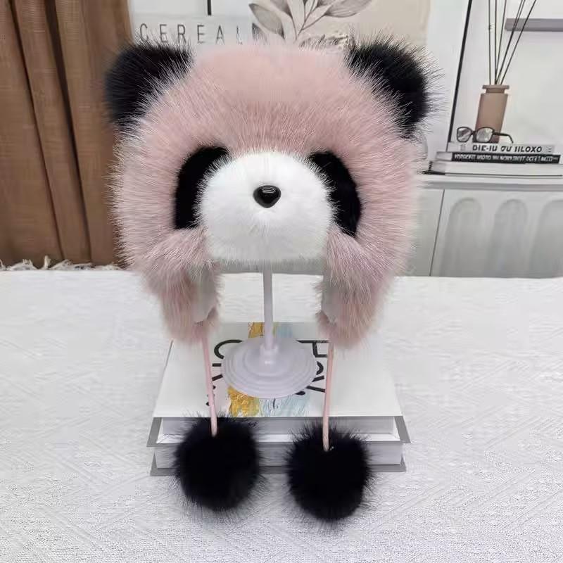 Parent-child Autumn and Winter Cute Plush Panda Hat Thick Warm Large Head Circumference Imitation Fox Fur Pullover Hat Earmuffs Hat