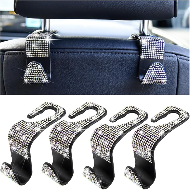 Mandark 4PCS Bling Car Seat Headrest Hooks, Crystal Rhinestone Vehicle Seat Back Hanger For Grocery Purses Handbags, Diamond Auto Seatback Storage