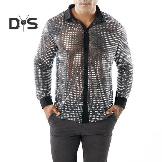 

Мужская рубашка для клубной вечеринки в стиле диско, блестящая, облегающая, с пайетками на лацканах, однобортная, с длинными рукавами, в стиле 70-х годов M серебряный