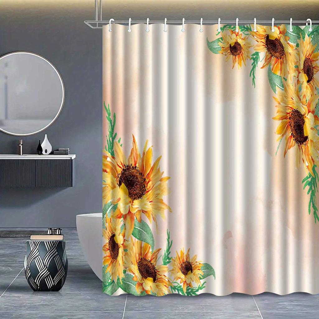 1Pc Sunflower Patterned Shower Curtain, Machine Washable Polyester, Suitable For Bathroom Dcor.
