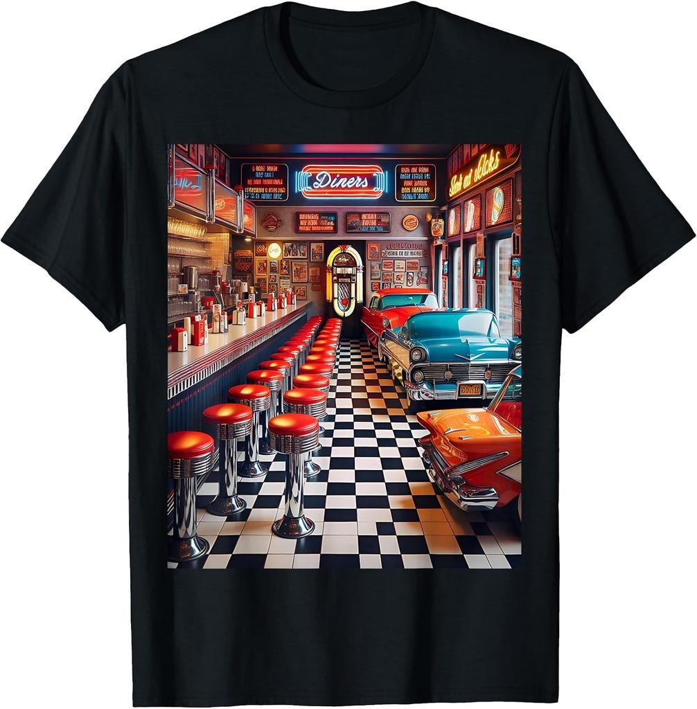 Vintage 1960s American Diner T-Shirt Featuring Classic Cars