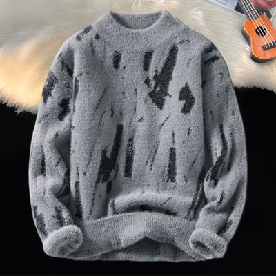 Men Winter Sweater Contrast Color Graffiti Thick Plush Half-high Collar Elastic Knit Long Sleeves Daily Wear School Dating Sweater