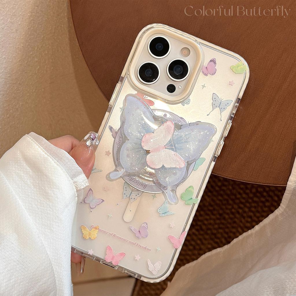 Fresh Colorful Butterfly 16promax Transparent IPhone 15 Mobile Phone Case Suitable for 13 Rotating Magnetic Bracket