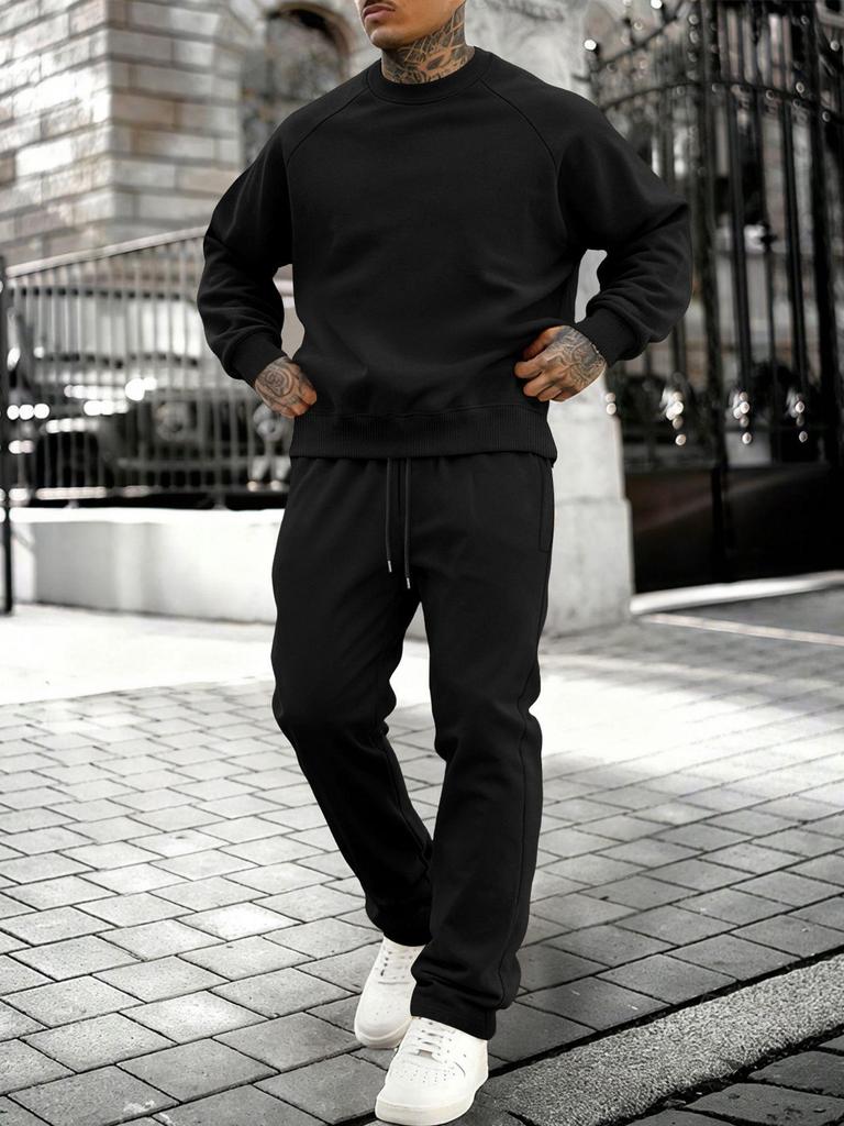 Plus Size Men's Fleece Sports Set: Loose Round Neck Sweatshirt & Running Suit