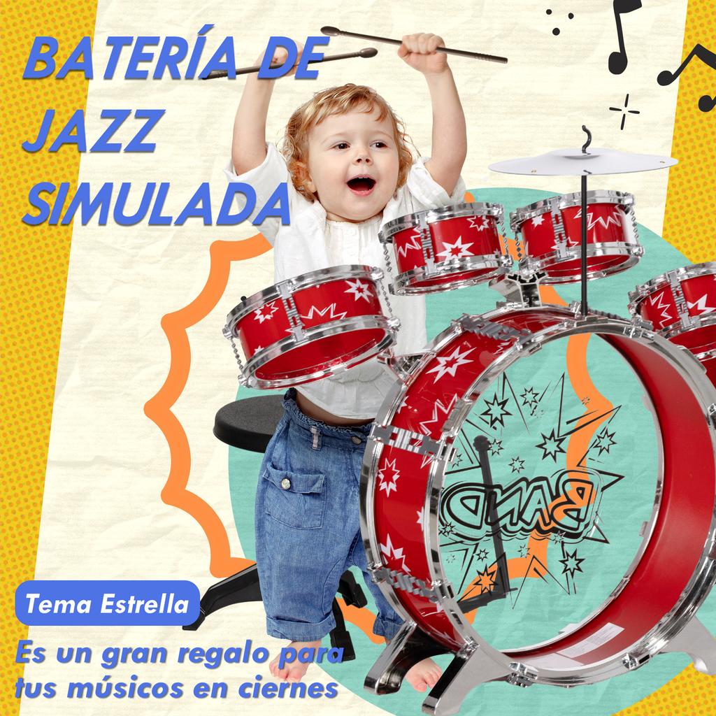 Drum Set for Children +3 Years with Drums, Bass Drum, Cymbal, Pedal and Drumsticks Star Theme Design 65x22x57 cm Red