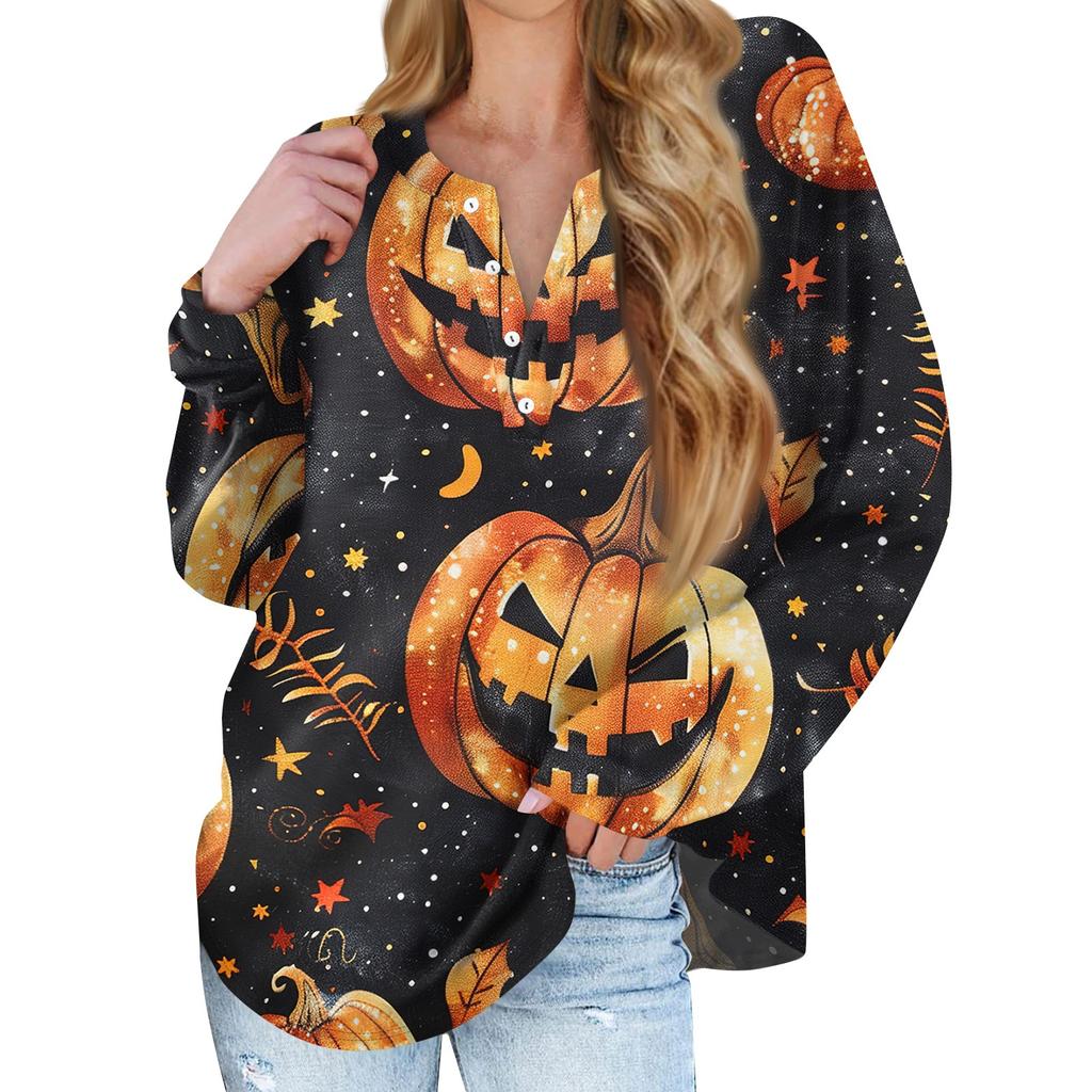 Dam Ny Knappkrage Mode Tryckt Långärmad T-shirt Slim Topp Casual Toppar