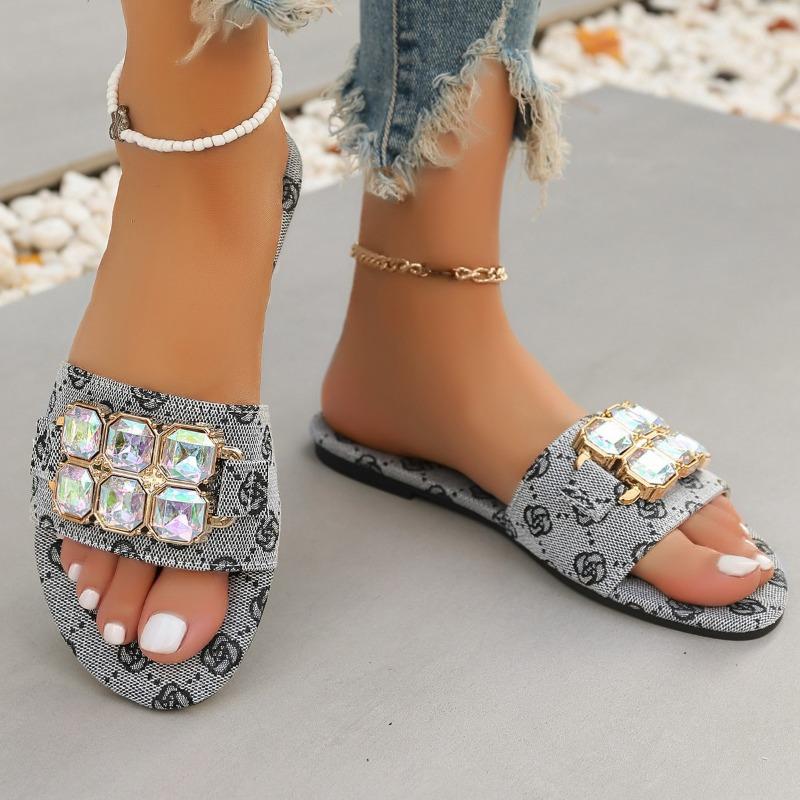 Large Size One-word Cool Slippers Women's Gemstone Rhinestone Fashion Outer Wear Flat Bottom Cool Slippers Slippers