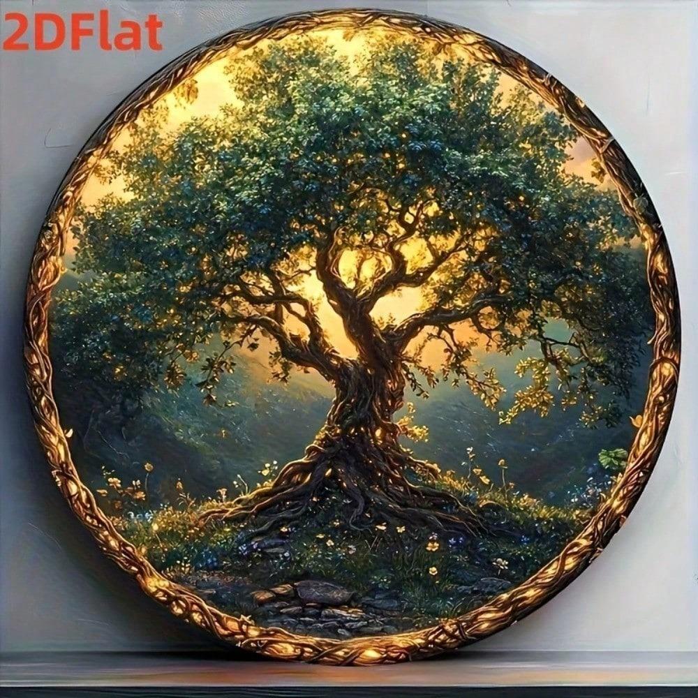 Vintage Tree of Life Wall Art Round 8x8 Inch Mandala Wood Decor Golden Leaves Sunlit Forest Handmade Bohemian Hanging