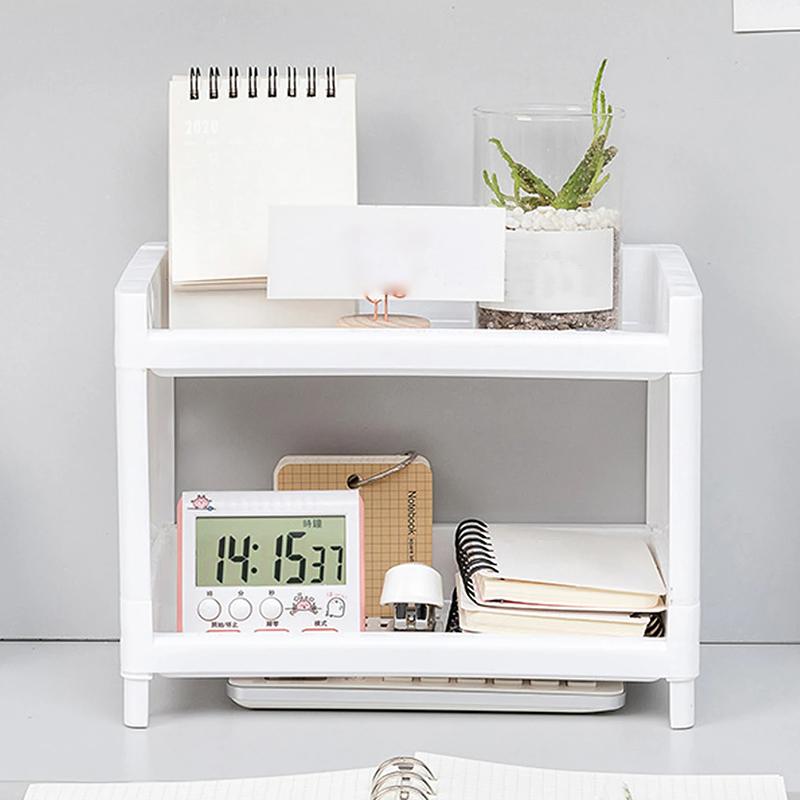 PP Desktop Double Layer Storage Rack Rectangular White Organizing Student Desk Office Cosmetics Stationery