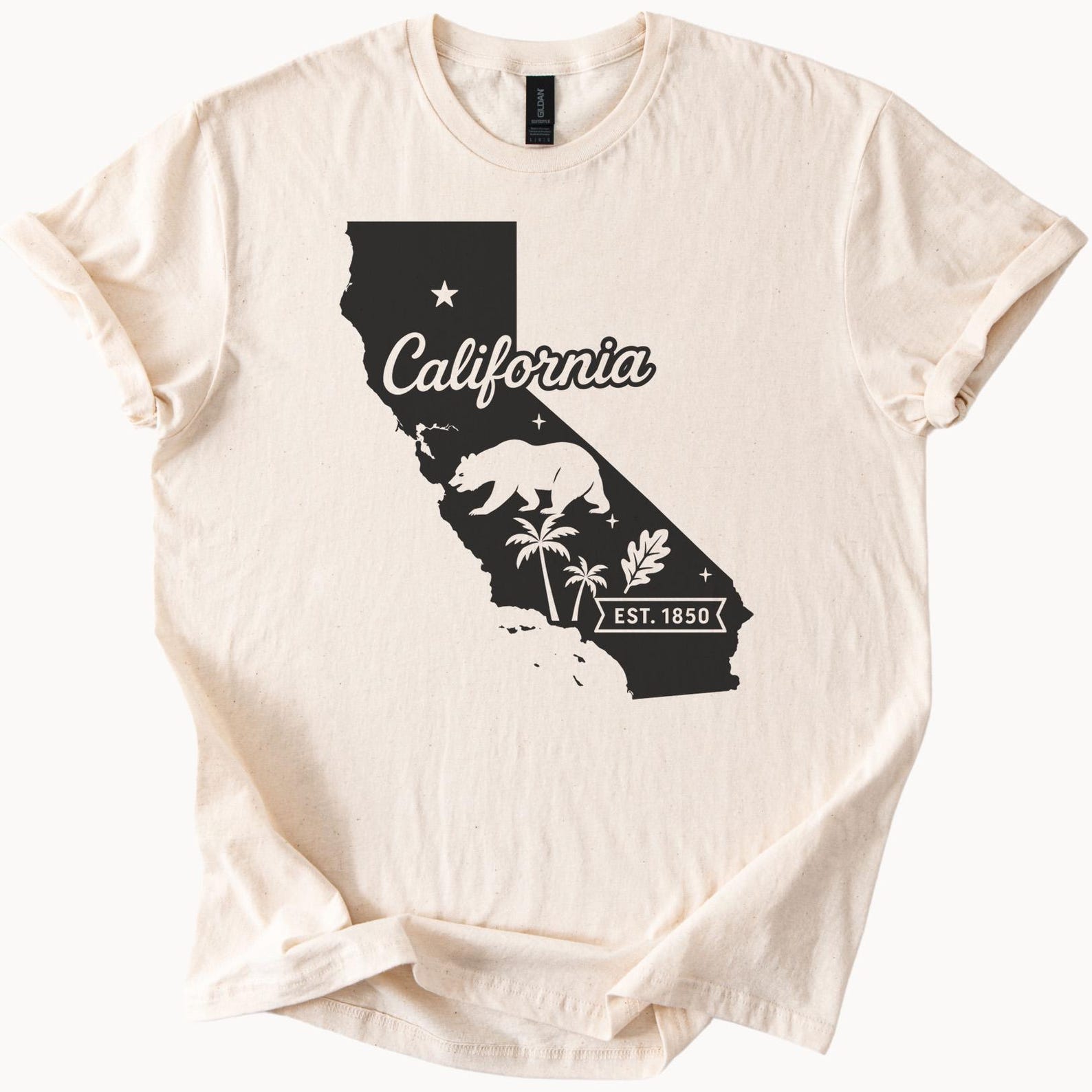 California State Bear Palm Tree Graphic Shirt Est 1850 California Outline Casual Tee Unique California Nature Map Design TShirt Gift 160