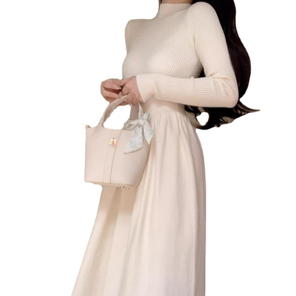Apricot Long-sleeved Base Semi-turtleneck Knitted Dress for Women's Autumn and Winter Inner Fit Slim-fitting High-waisted A-word Sweater Long Skirt