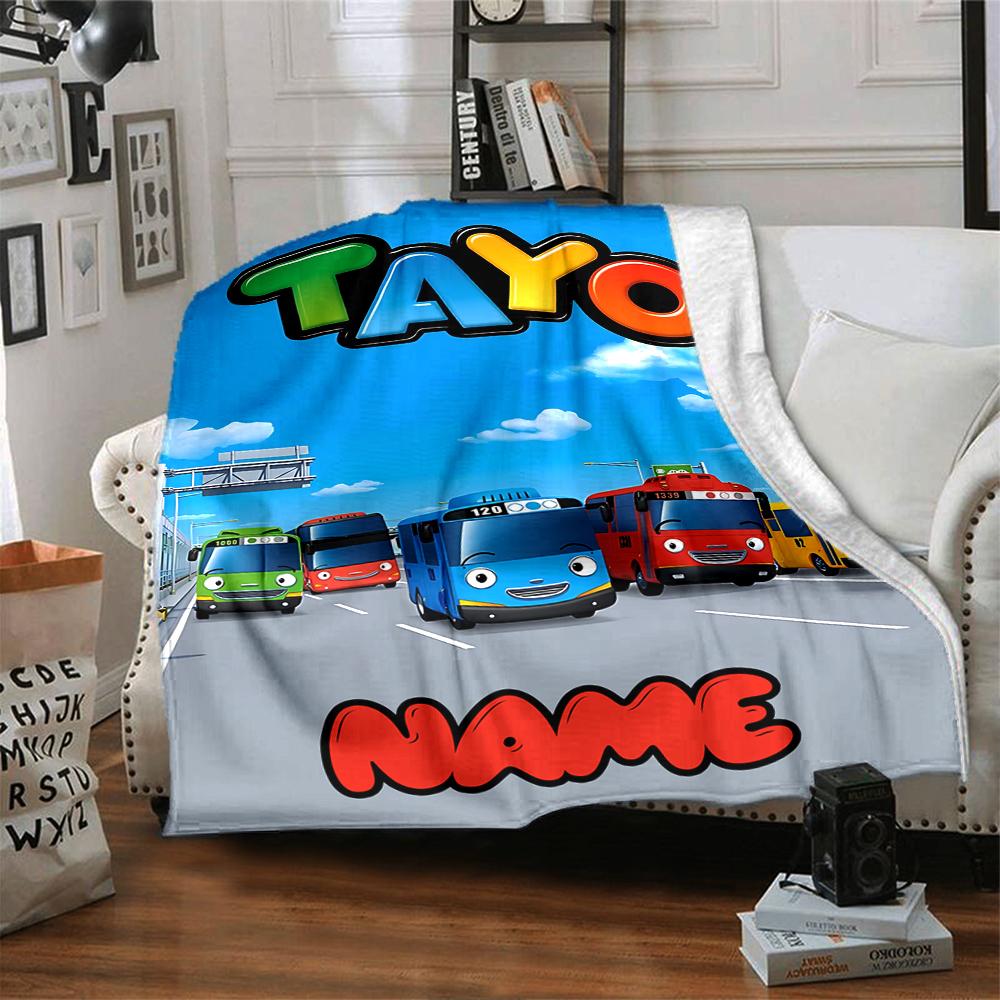 Custom Name Tayo Bus Adventure Blanket for Couch & Bed, Plush Cozy Fuzzy Blanket Super Soft & Warm Blankets for Fall and Winter. 0908196