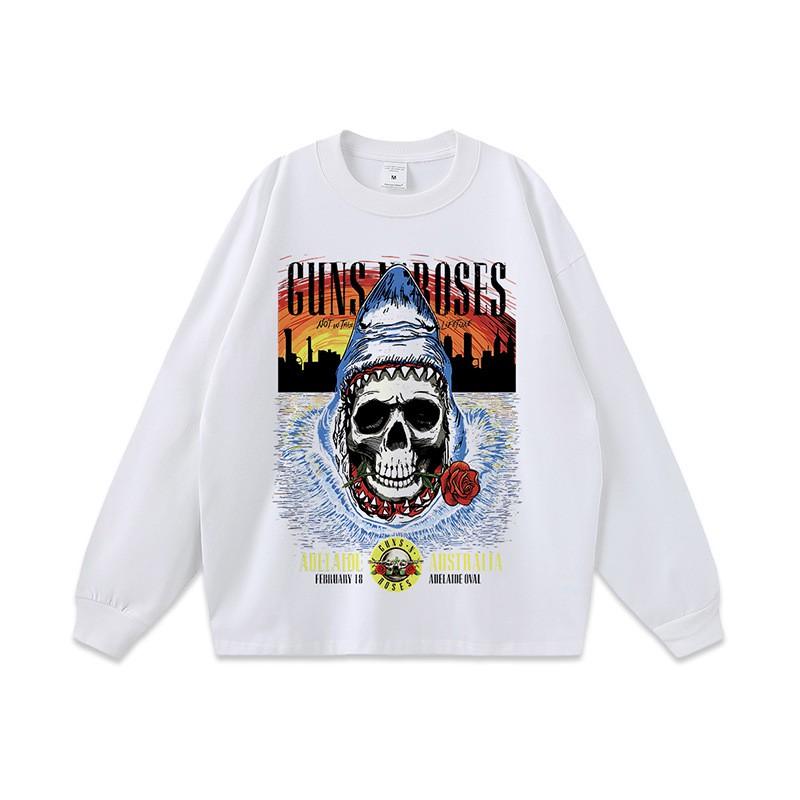 Oversized Vintage Rock Skull Print Cotton Tee Unisex Loose Fit Long Sleeve Streetwear