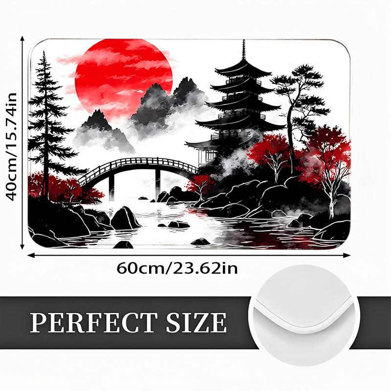 Japanese Ink Painting Doormat Red Sun Pagoda Bridge Mountain Print Non‑Slip Washable Entrance Mat Home Decor Floor Rug