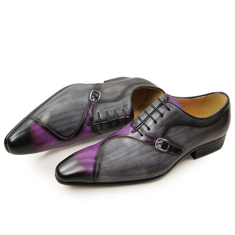 Fashion Men Leather Shoes High Quality Oxford Lace Up Side Metal Buckle Gray Purple Color Matching Handmade Business Office Formal Shoes