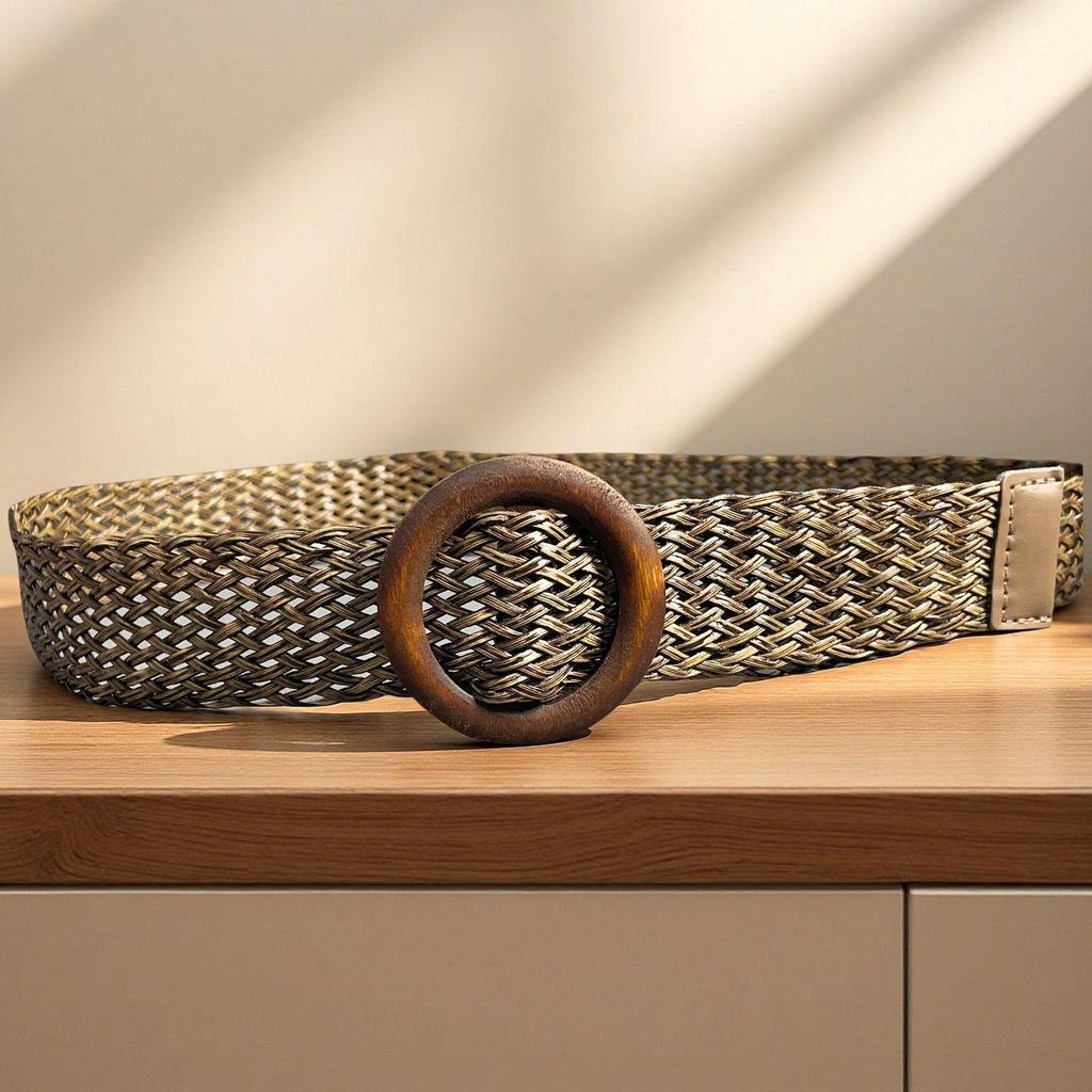 Korean Style Retro Wood Buckle Woven Belt for Women - Versatile Fashion Accessory