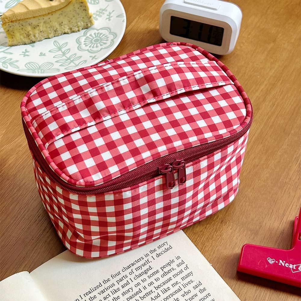 Multifunctional Plaid/Polka Dot Patterns Storage Bag Large Capacity Portable Makeup Bag Double Zipper Pencil Pouch