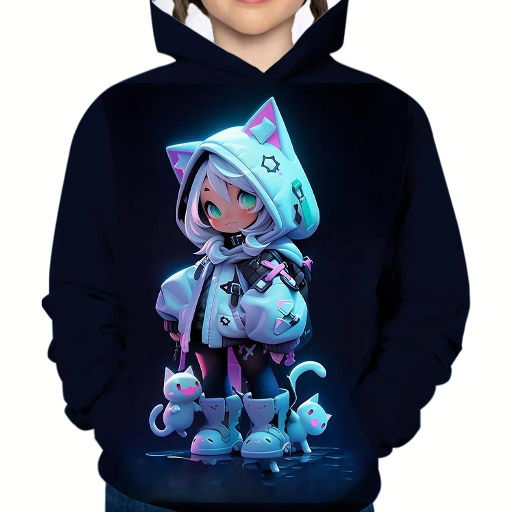 Girl's Cute Anime Girl and Cat 3D Pattern Trendy Hoodie Loose Casual Comfy Tops Hooded Sweatshirts for Kids Fall Winter Clothing