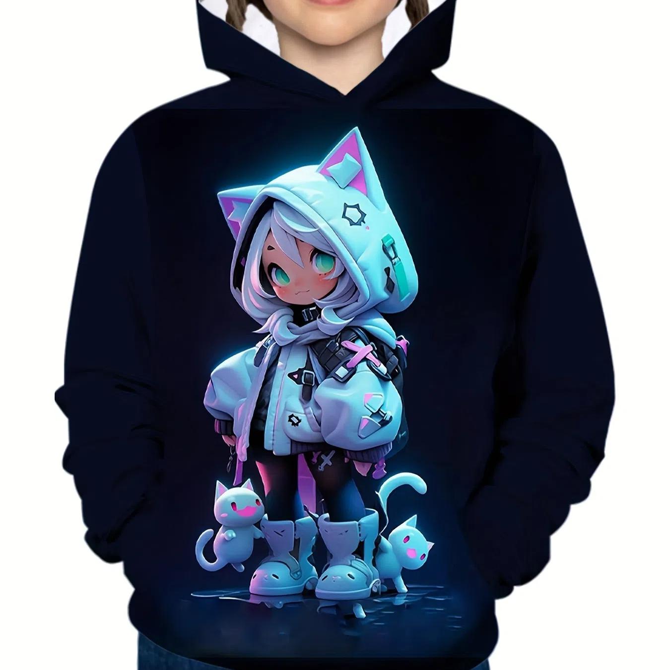 

Милая толстовка с капюшоном для девочек с рисунком аниме «Девушка и кошка» и 3D-принтом, свободные повседневные удобные топы, толстовки с капюшоном для детей, осенне-зимняя одежда 150