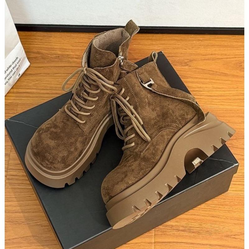 Side zipper short boots autumn new retro locomotive boots small thick sole heightening lace-up Martin boots women