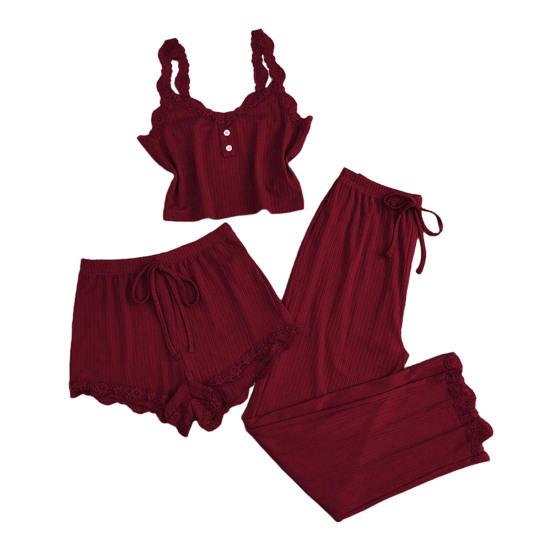 Women's 3 Piece Pajamas Set Ribbed Knit Lace Trim Cami Shorts And Pants