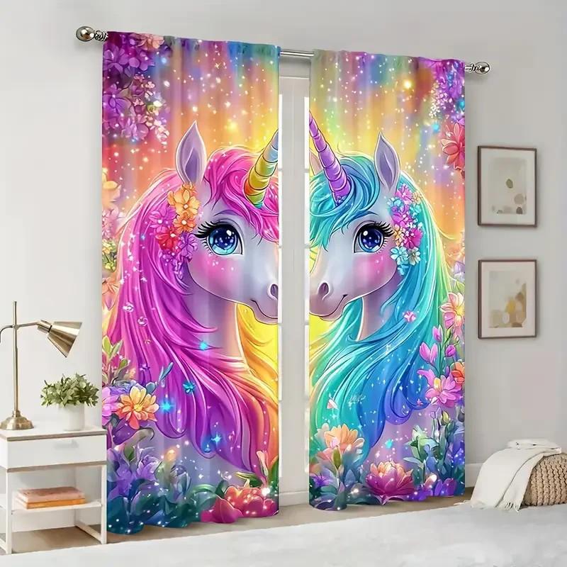 2 Stück Blumiger Einhorn Verdunkelungsvorhang   Cartoon-Design   Polyester-Fenstervorhänge für Kinderzimmer   Ferienhaus-Dekoration   Stangentasche Vorh
