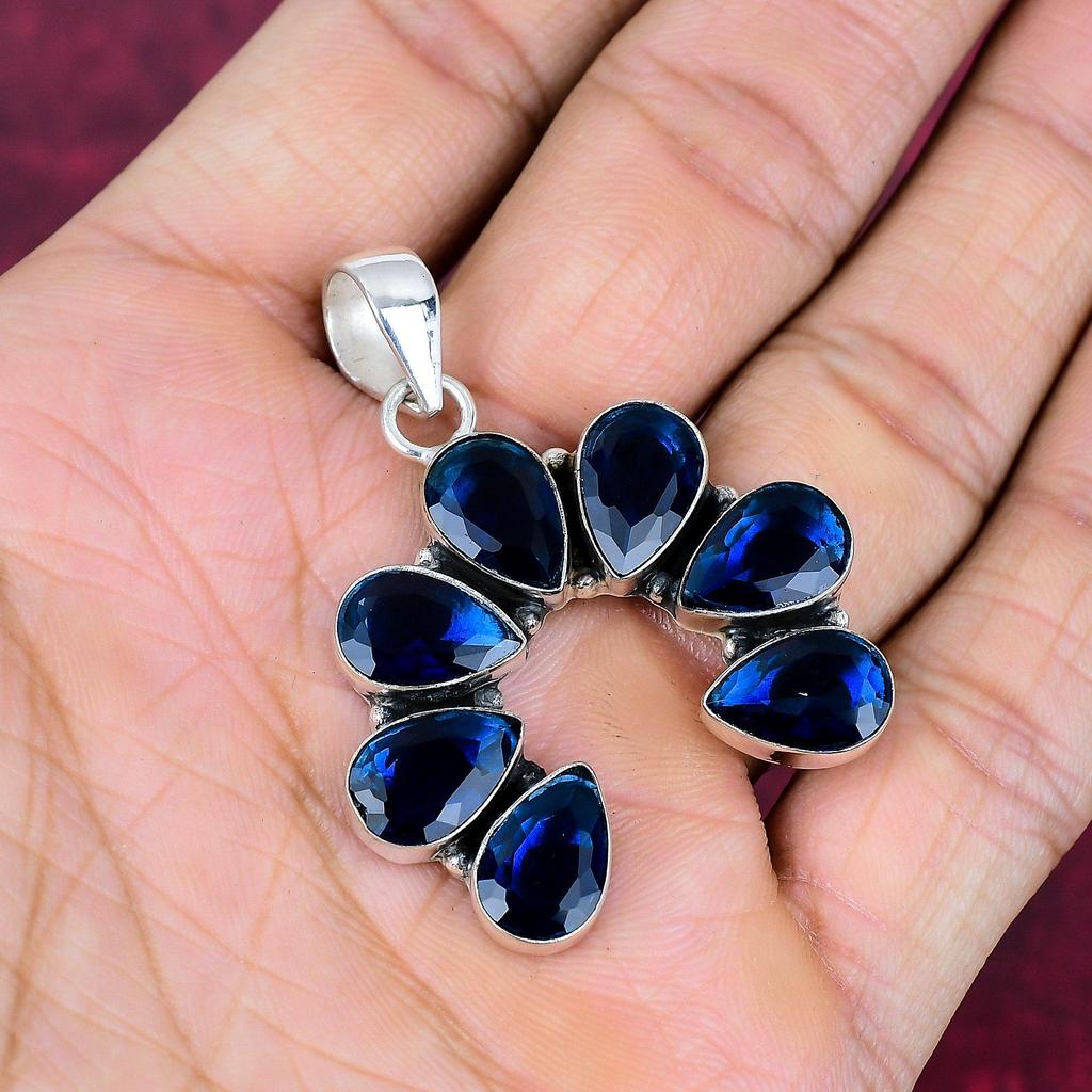 Blue Sapphire Pendant, Handmade Gemstone Pendant, 925 Solid Sterling Silver Pendant Antique Jewelry, For Engagement Gift