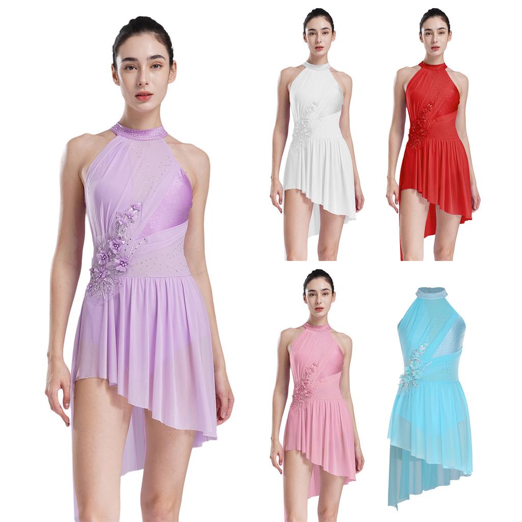 Women Figure Ice Skating Dress Applique Lyrical Dance Ballet Gymnastics Leotard Tutu Sleeveless Rhinestone Performance Dancewear