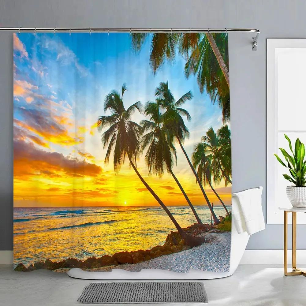 1PC Green Tropical Plants Shower Curtains for Bathroom Polyester Seaworld Shower Curtain Printing Curtain Beach Shower Curtains