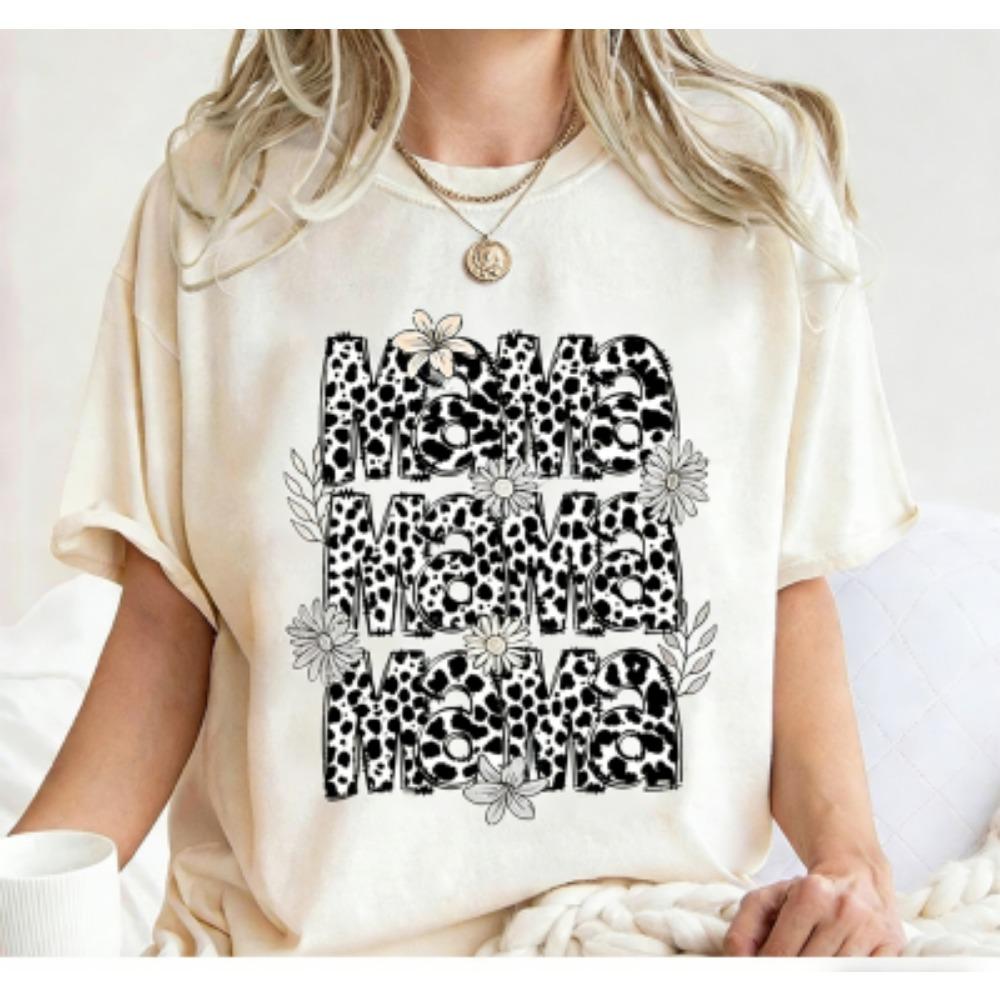 Fashion Funny Leopard Letter Mama Print Women's Short Sleeves T-Shirt Loose Casual Summer Outdoor Street Women's Tees Tops