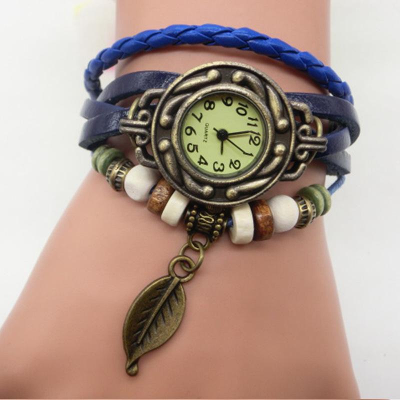 Vintage Blattuhr, Handgeflochtene Bronze Vielseitige Vintage Leder Damen Armbanduhr 795