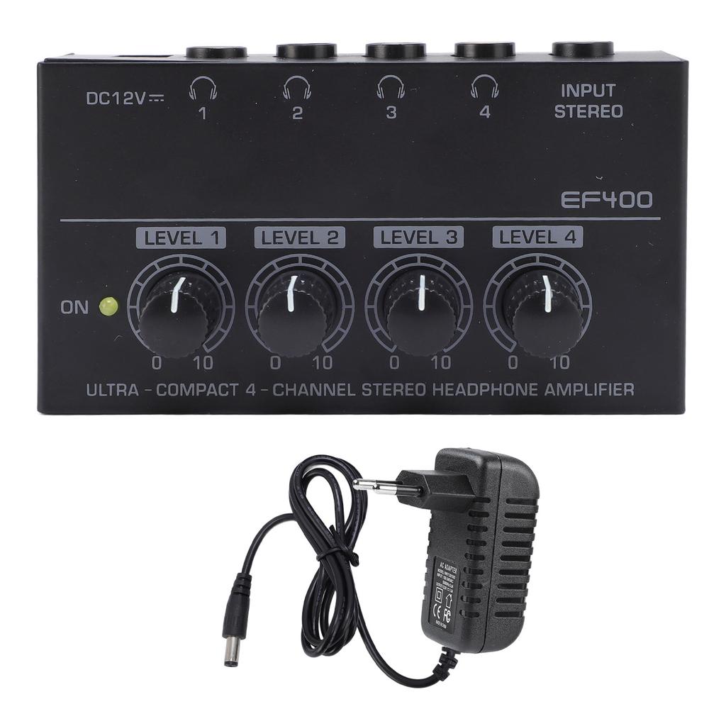 4 Channel Headphone Amplifier Portable Metal Stereo Sound Earphone Splitter with Power Adapter for Studio Stage